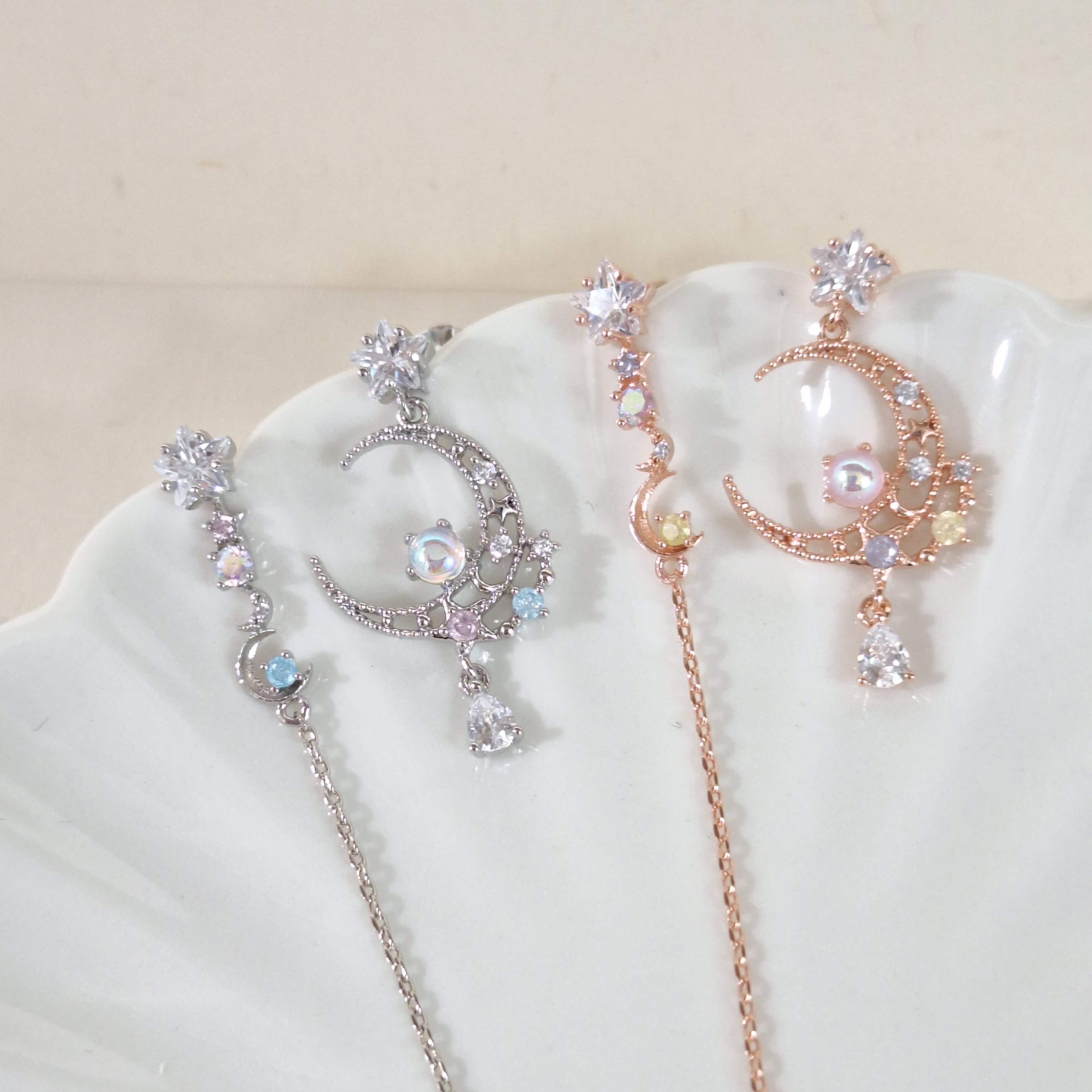 【E013】(925銀針耳環) 寶石月光