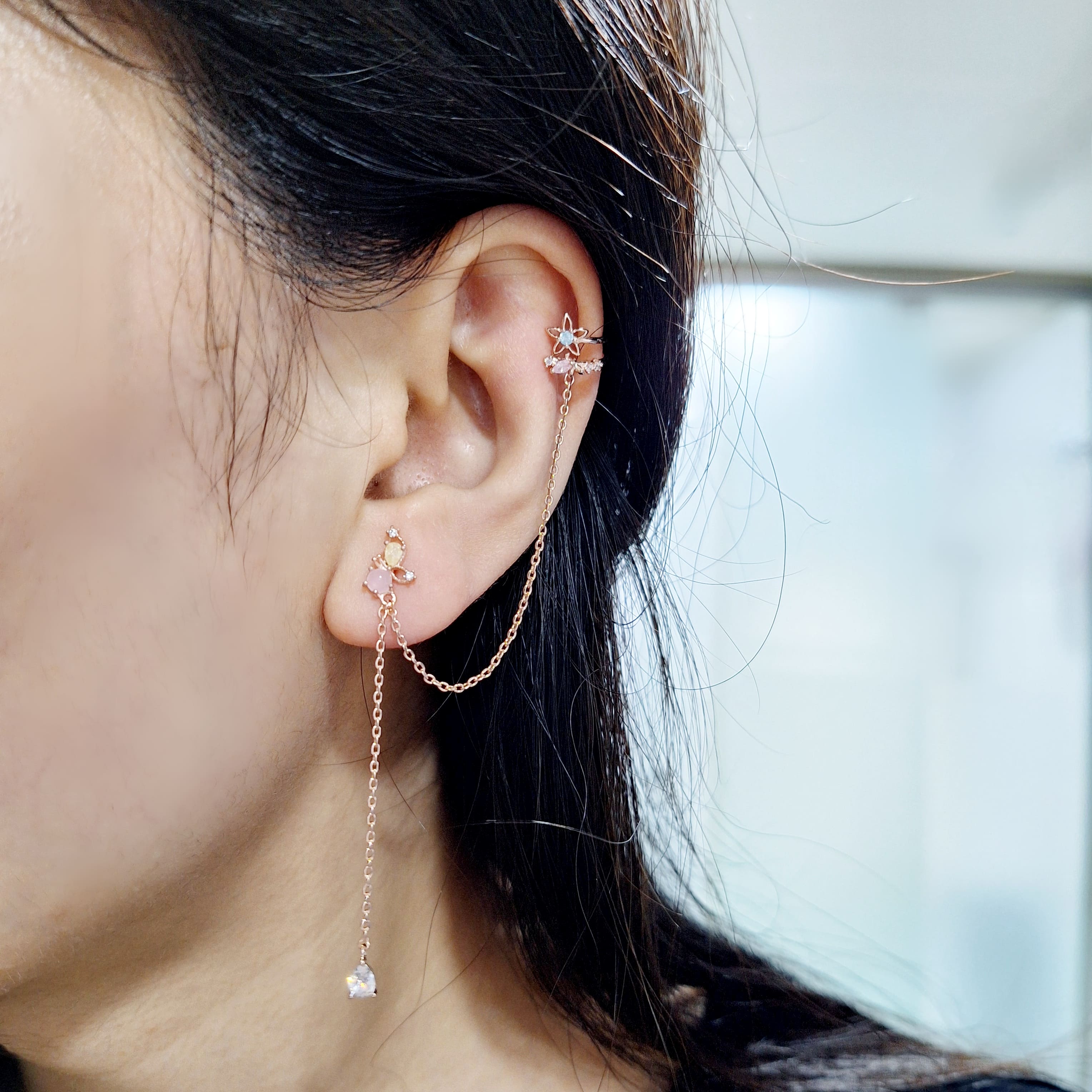 【E015】(925銀針耳環耳扣夾) 花蝴蝶戀 6